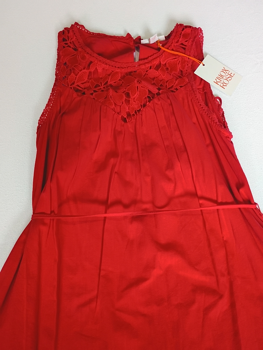 Knox Rose NWT Red Sleeveless Midi Dress Crochet Lace Yoke Tie Waist Small - Picture 2 of 13